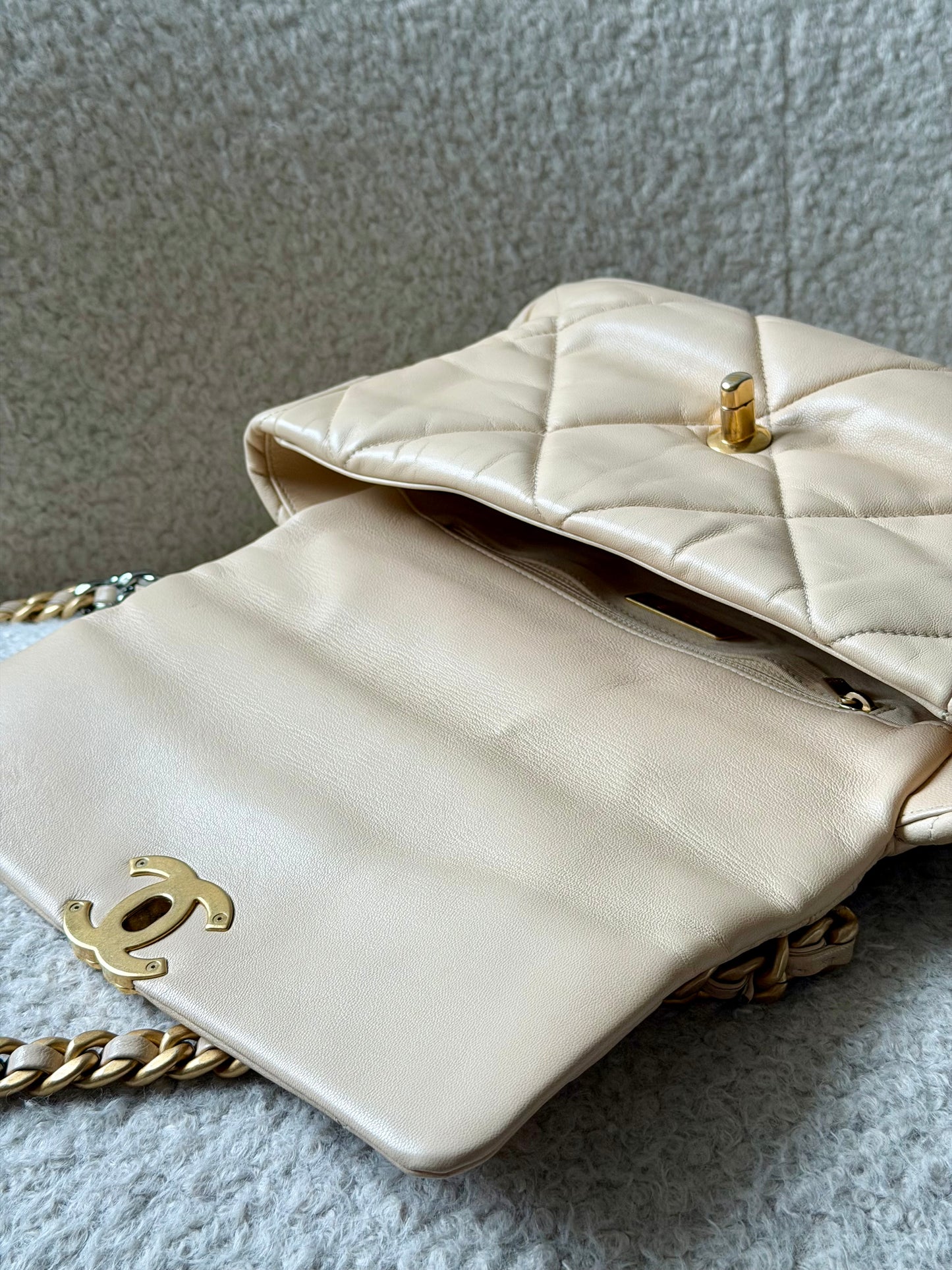 Beige Lambskin Leather 19 Single Flap Crossbody Bag
