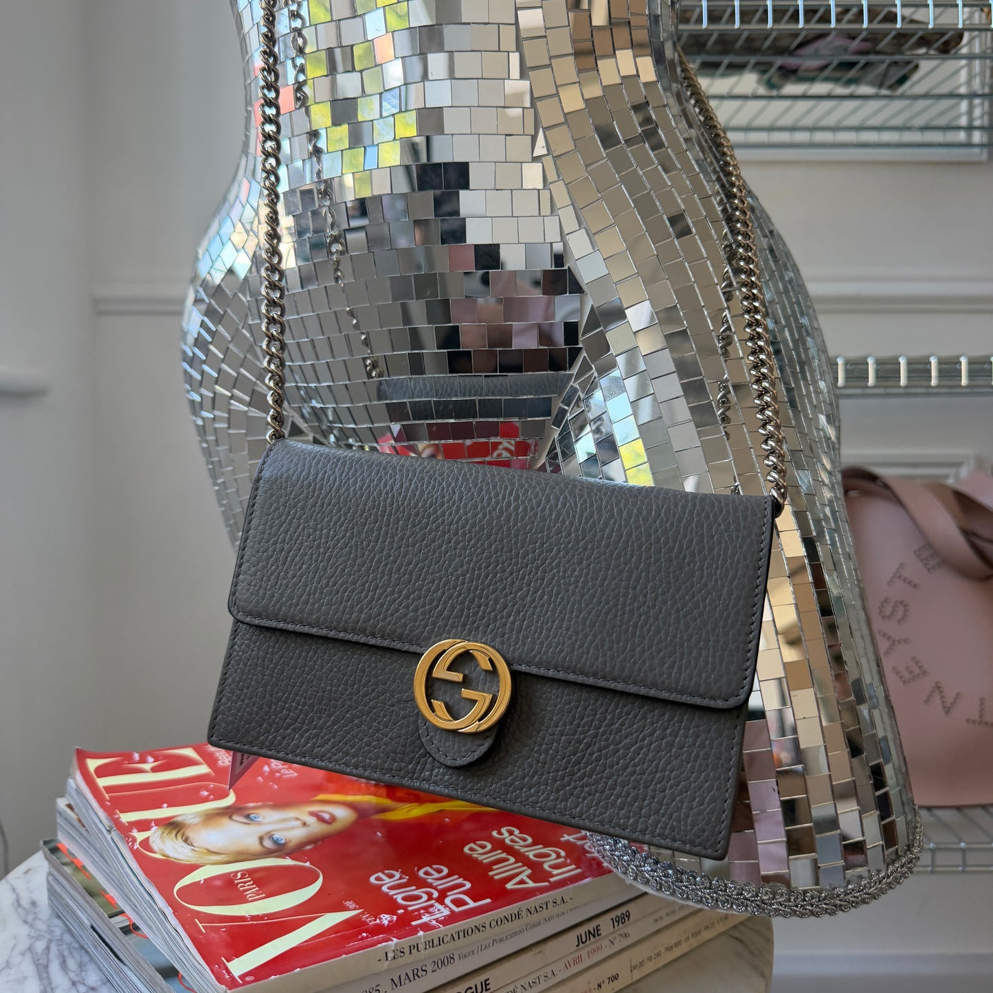 Pre-Owned Grey GG Leather Wallet on Chain