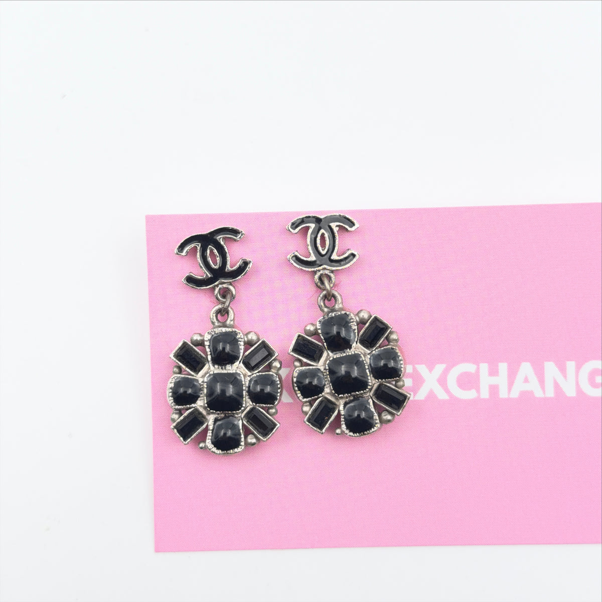 Pre-Owned Black Flower CC Silver-Tone Earrings