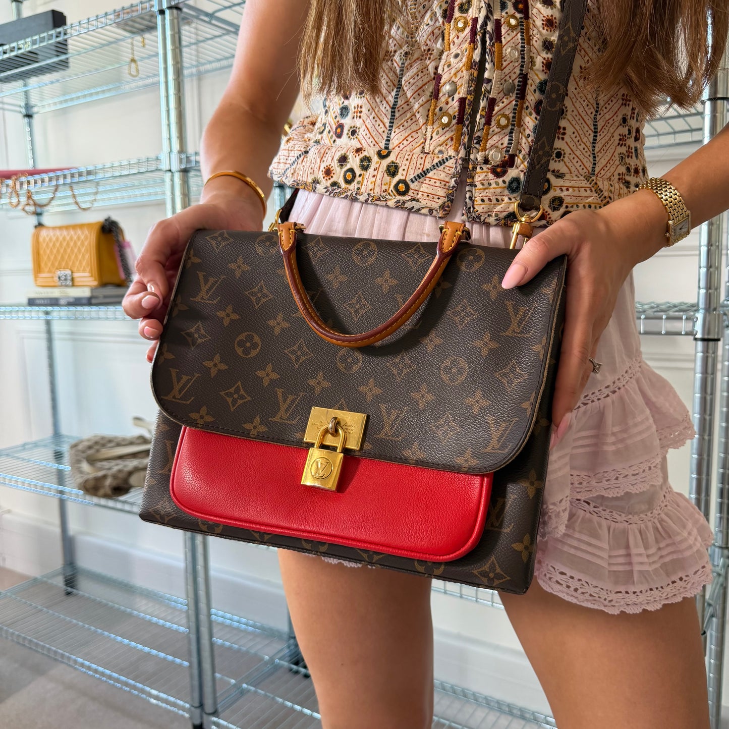 Pre-Owned Red/LV Monogram Canvas Marignan Handbag