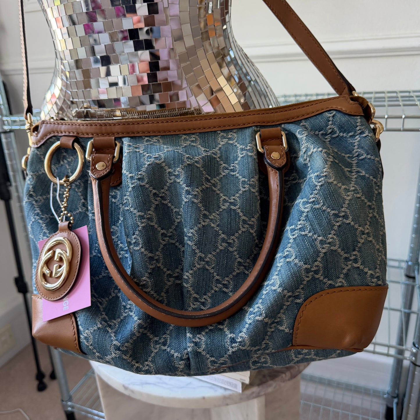 Pre-Owned Blue GG Denim/Leather Crossbody Sukey Tote Bag