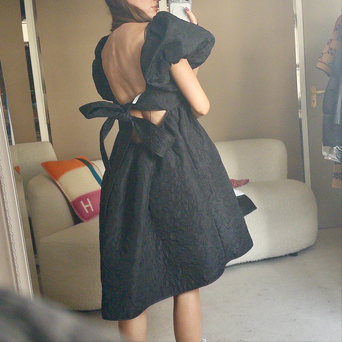 Pre-Owned Black Floral Quilted Dress (UK8)