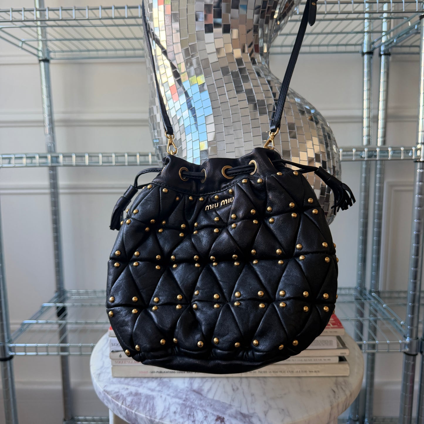Pre-Owned Black Gold Studded Leather Bucket Bag
