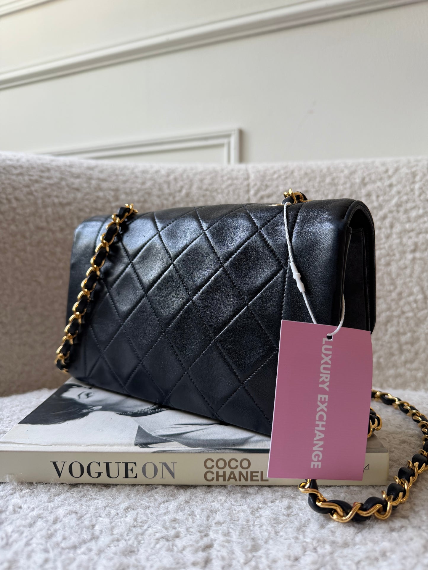 1990s Black Lambskin Leather Diana Single Flap Crossbody