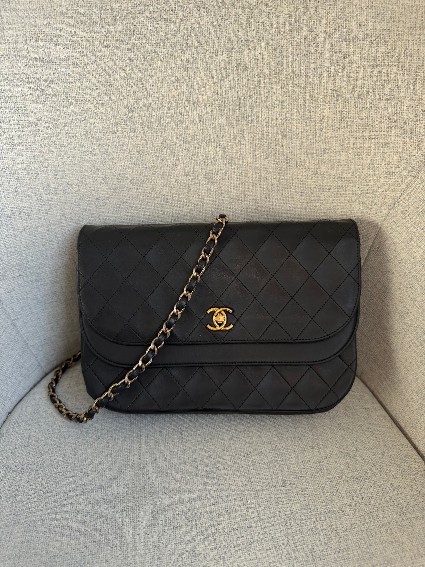 Pre-Owned Black Matelassé Lambskin Halfmoon Double Flap