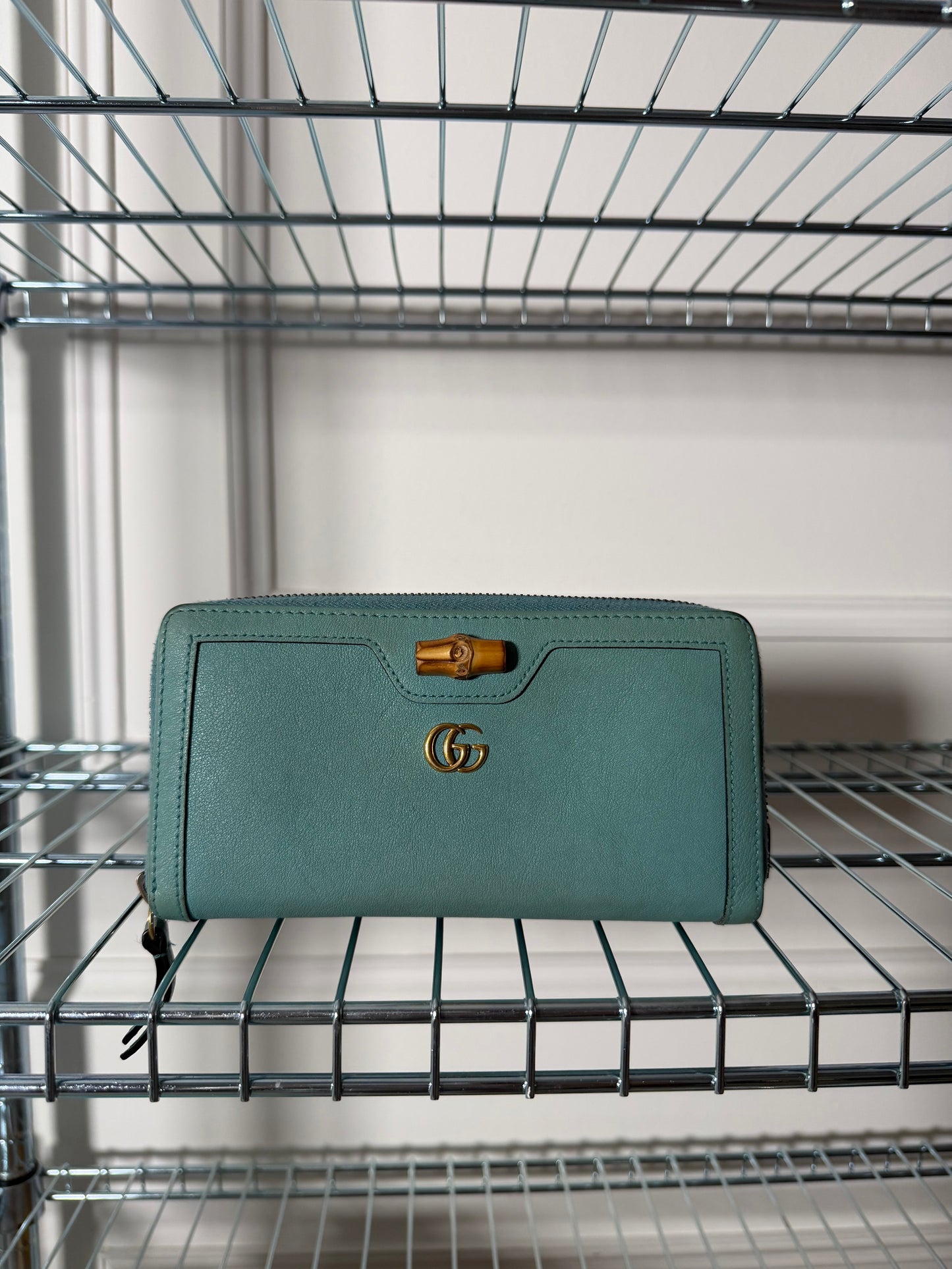 Pre-Owned Teal Bamboo Leather Zip Wallet