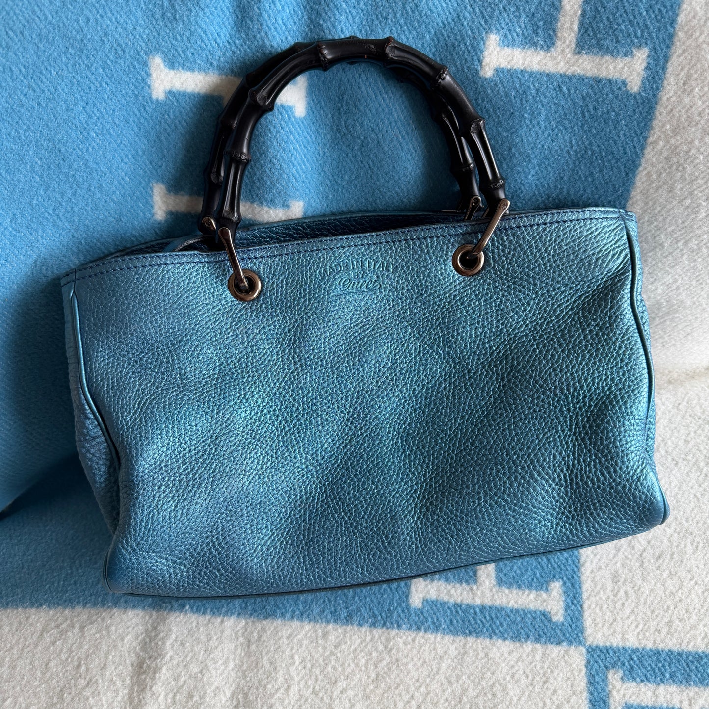 Pre-Owned Blue Metallic 'Bamboo' Leather Handbag