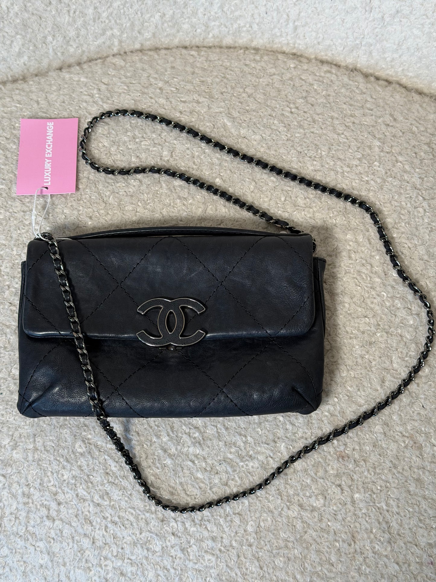 Pre-Owned Black Lambskin Leather Top Handle Wallet On Chain Handbag