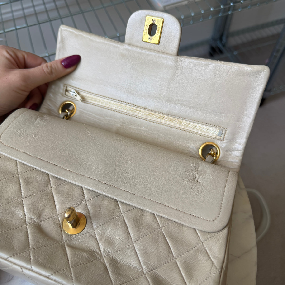 Pre-Owned Beige Matelassé Lambskin Leather Small Classic Double Flap