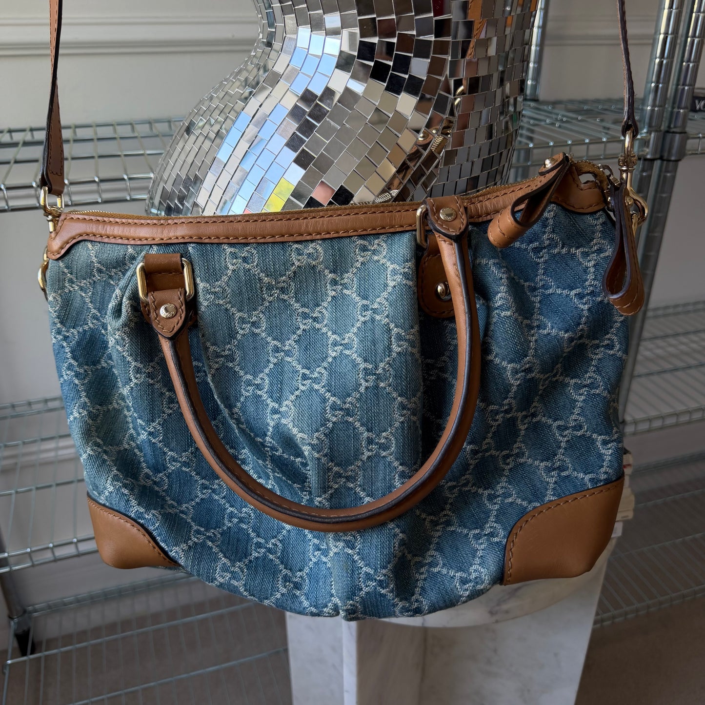 Pre-Owned Blue GG Denim/Leather Crossbody Sukey Tote Bag
