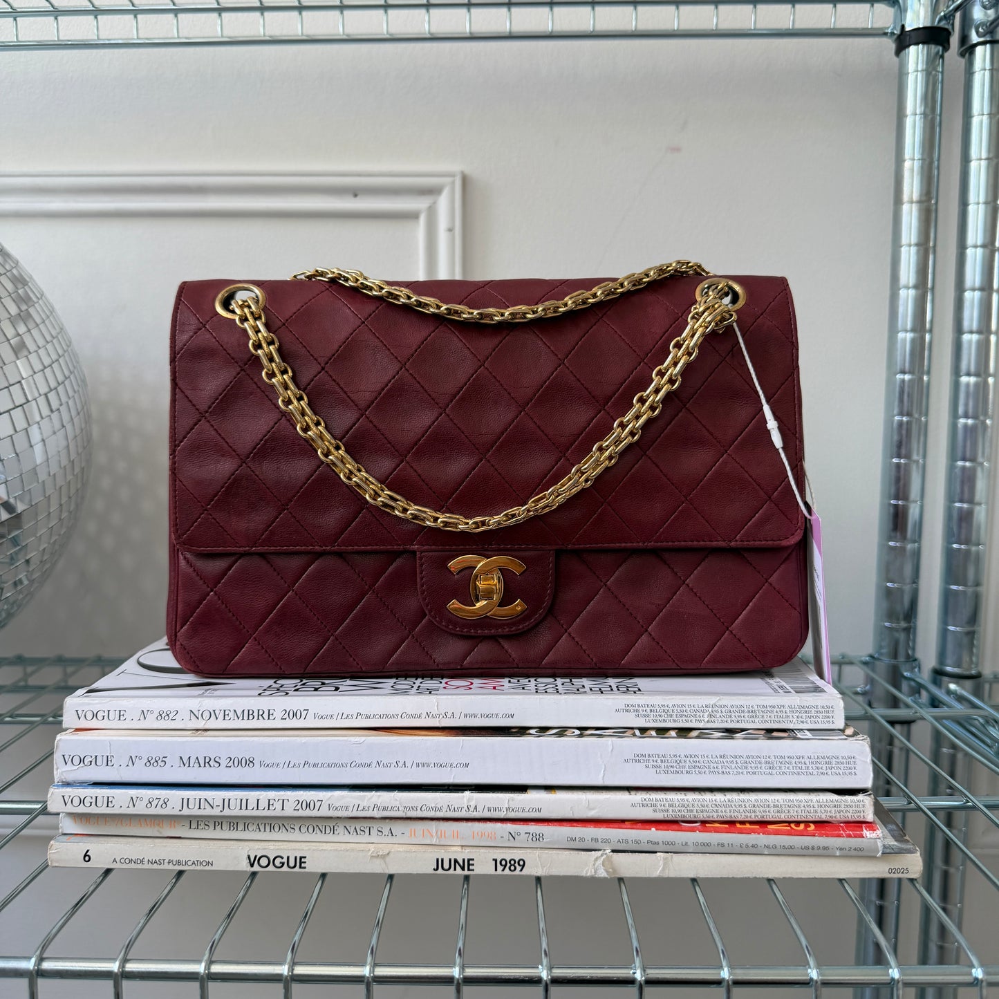Pre-Owned Bordeaux Lambskin Double Flap Shoulder Bag