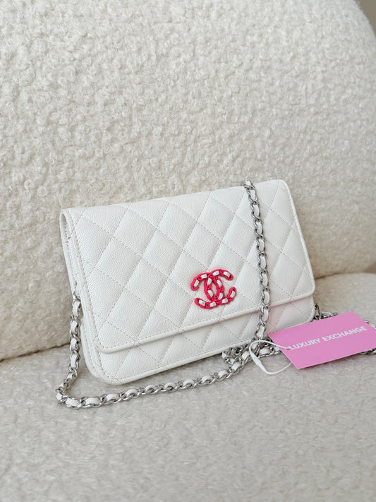 White Quilted Caviar Wallet on Chain WOC Pink and Silver Hardware