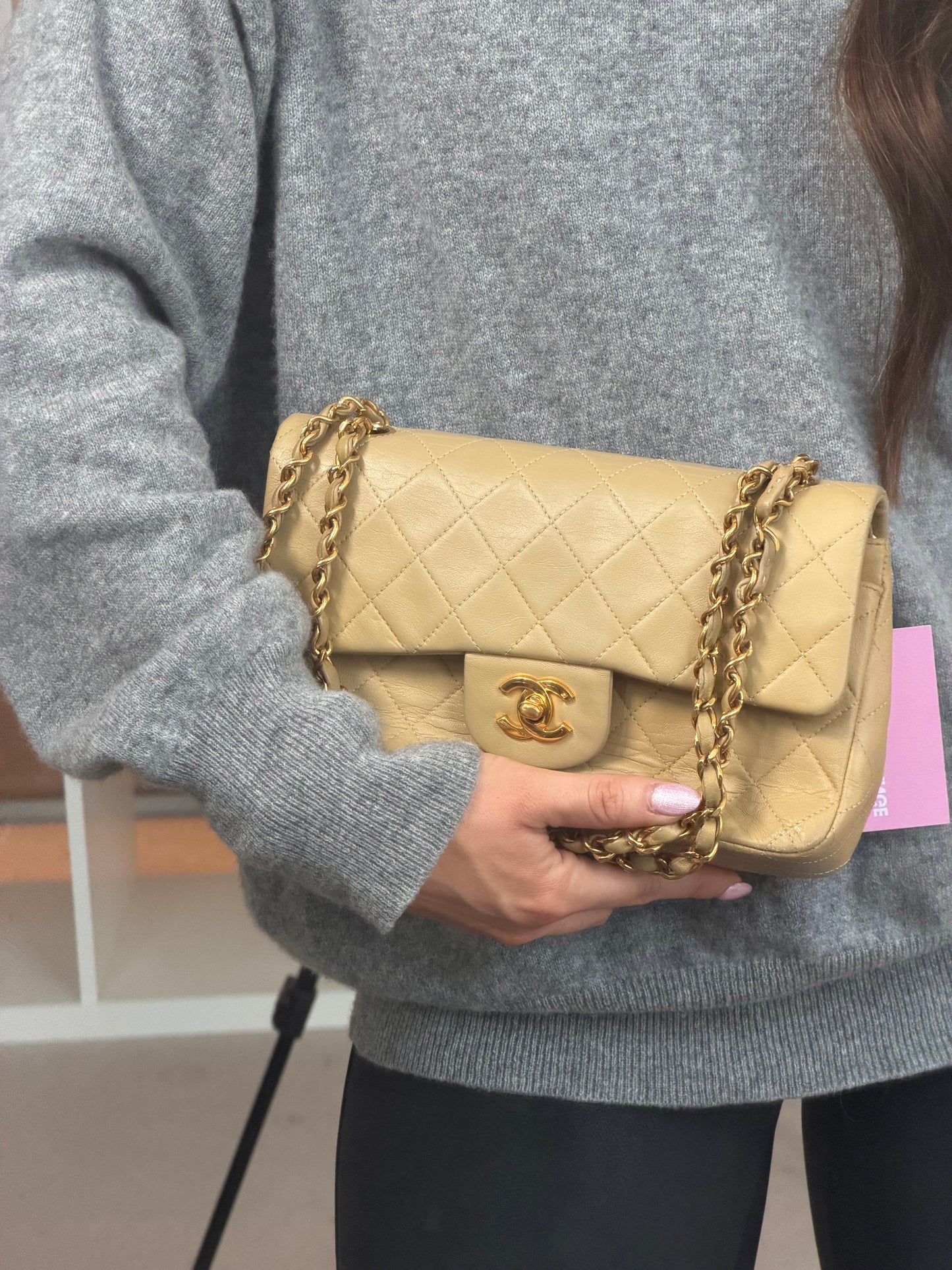 Beige Lambskin Small Classic Double Flap 24KGHW