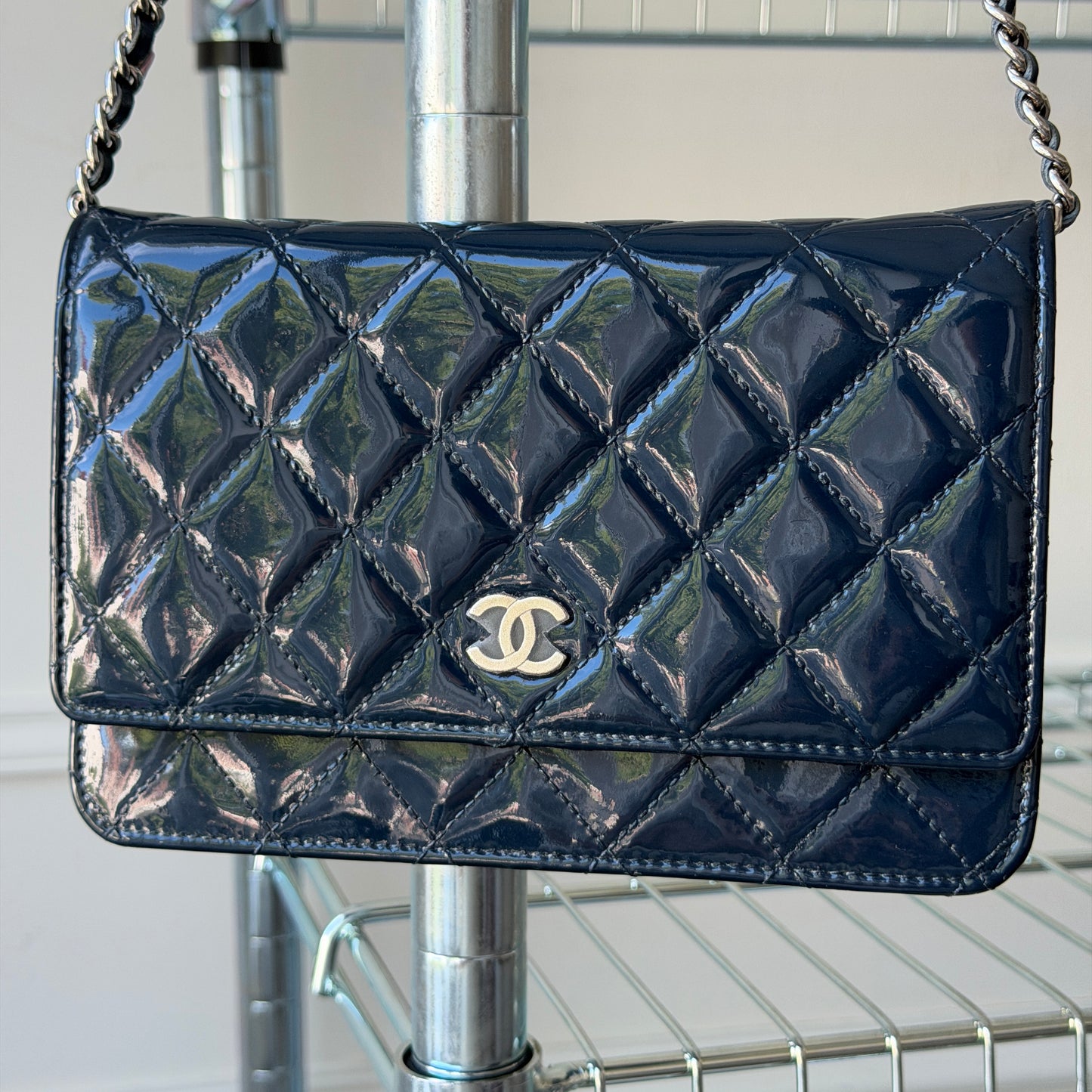 Pre-Owned Navy Patent Leather Wallet on Chain