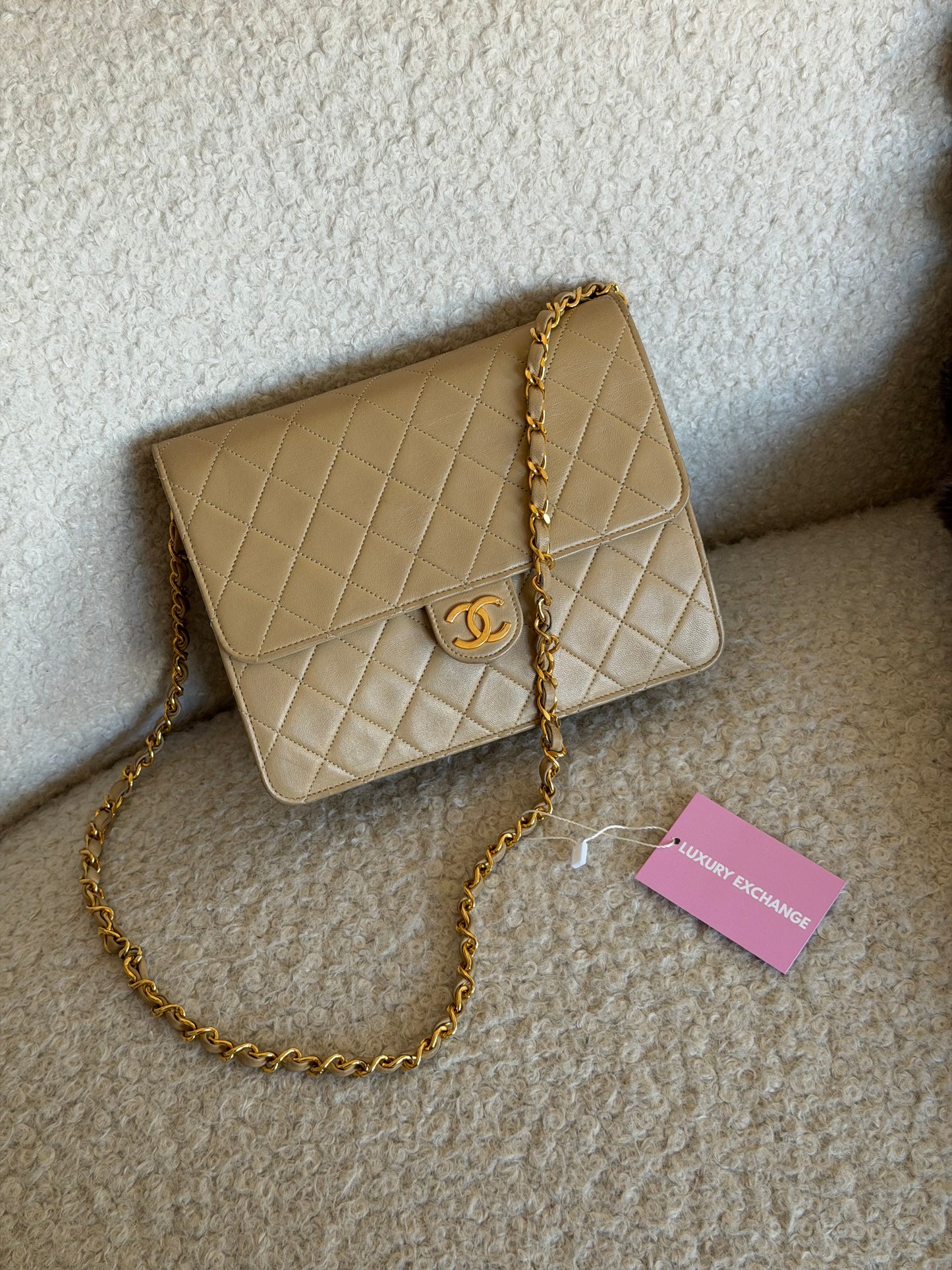 Pre-Owned Beige Matelassé Lambskin Leather Single Flap Shoulder Bag