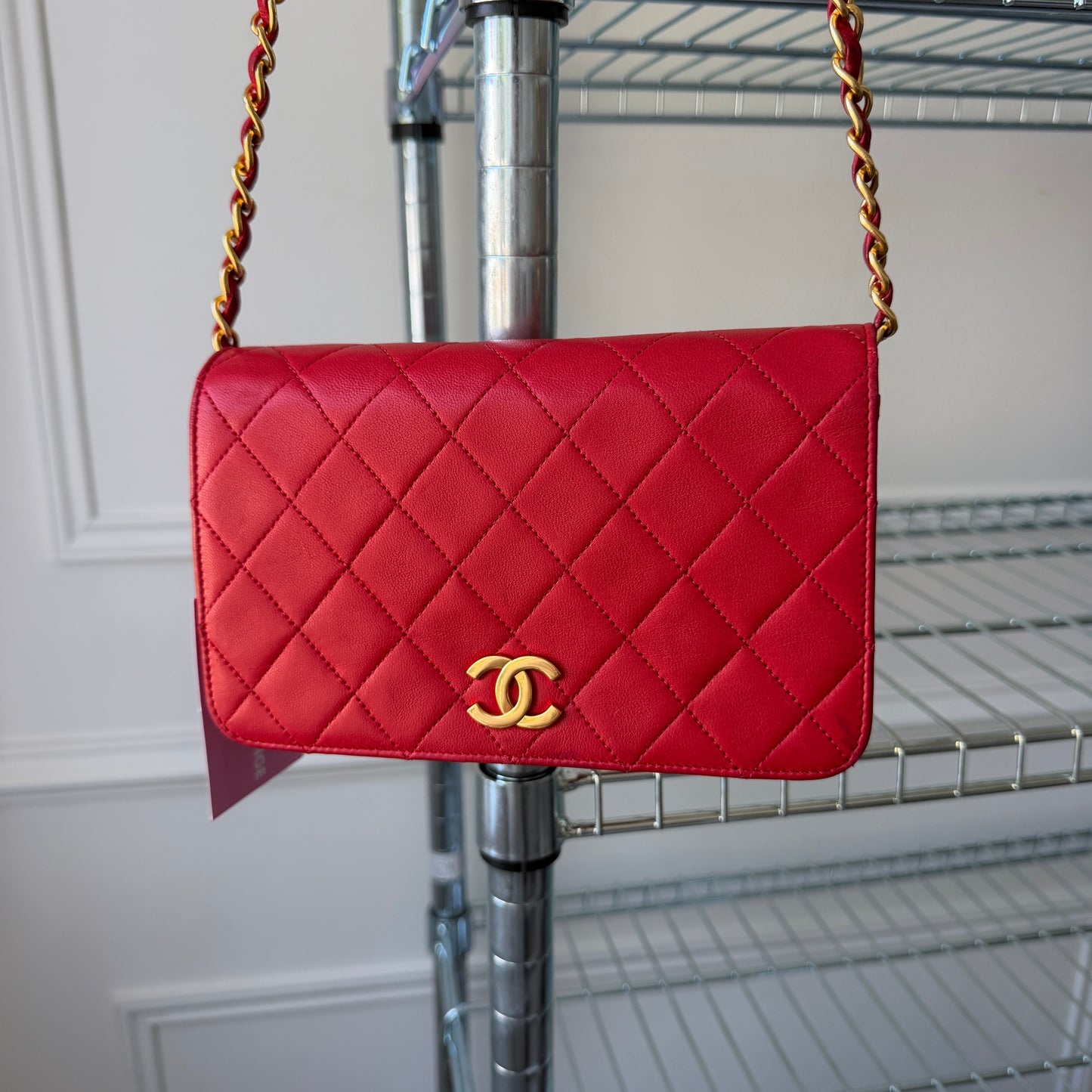 Pre-Owned Red Matelassé Lambskin Leather Full Flap Shoulder Bag