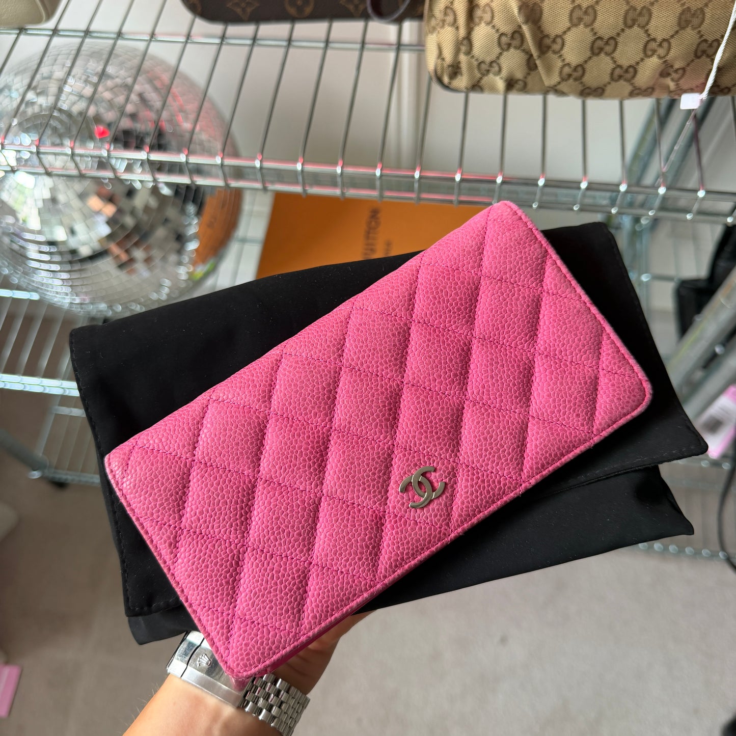 Pre-Owned Pink Matelassé Caviar Leather Fold Wallet