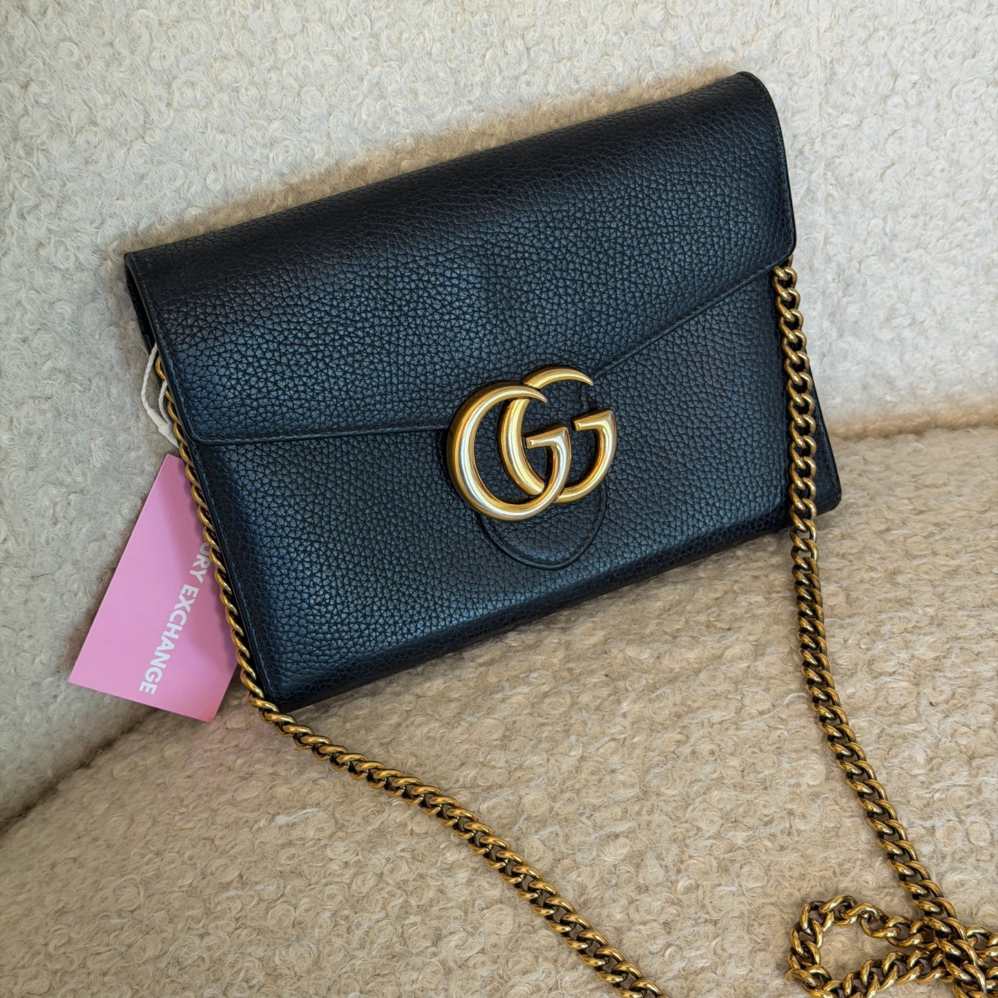 Pre-Owned Black GG Leather Wallet on Chain