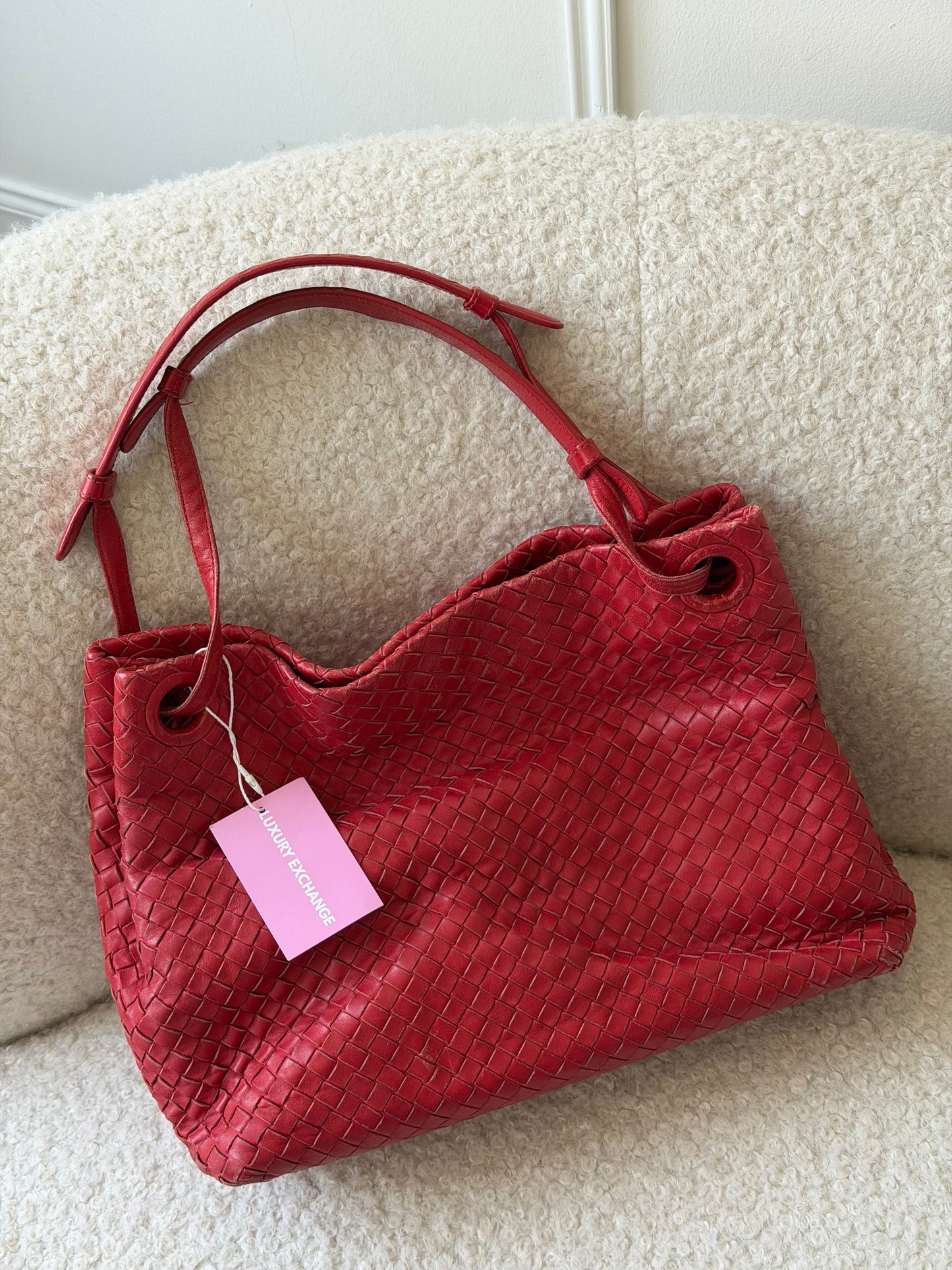 Red Intrecciato Leather Tote Bag