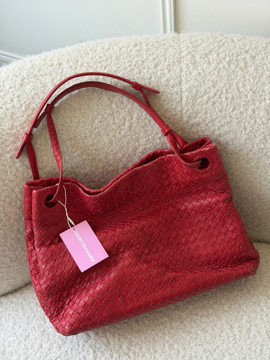 Red Intrecciato Leather Tote Bag