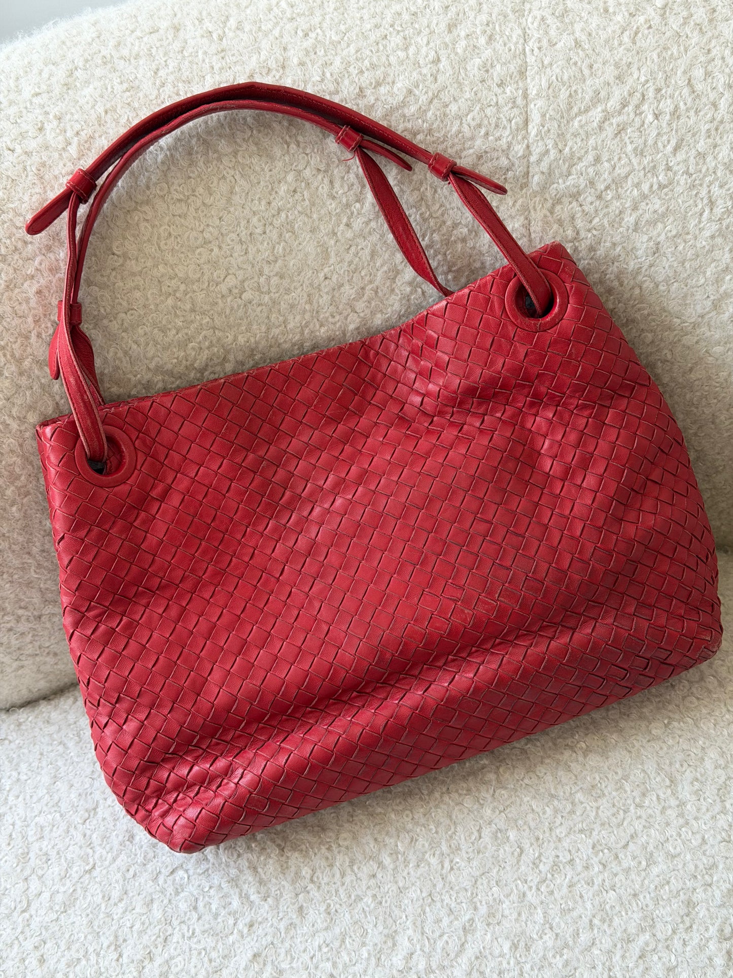 Red Intrecciato Leather Tote Bag