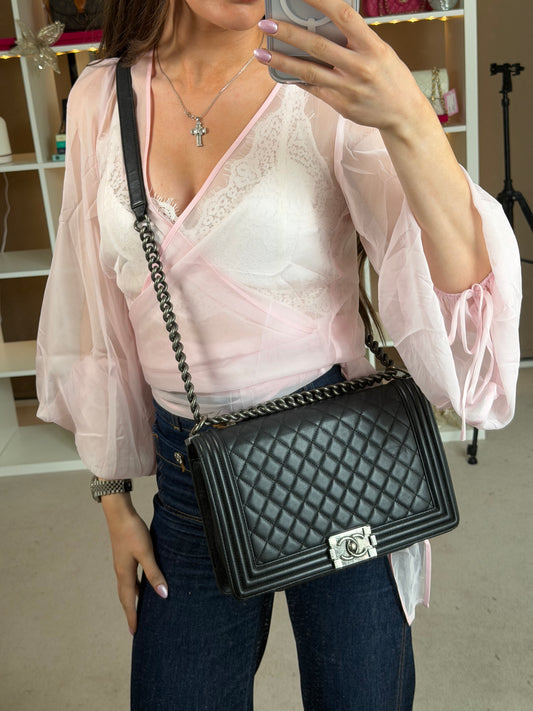 Black Lambskin Large Boy Single Flap Crossbody