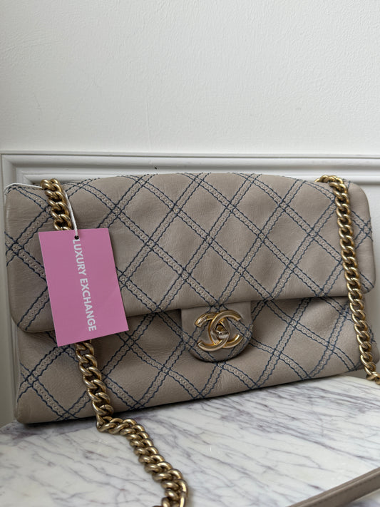 RARE Grey Suede Accordion Single Flap Handbag