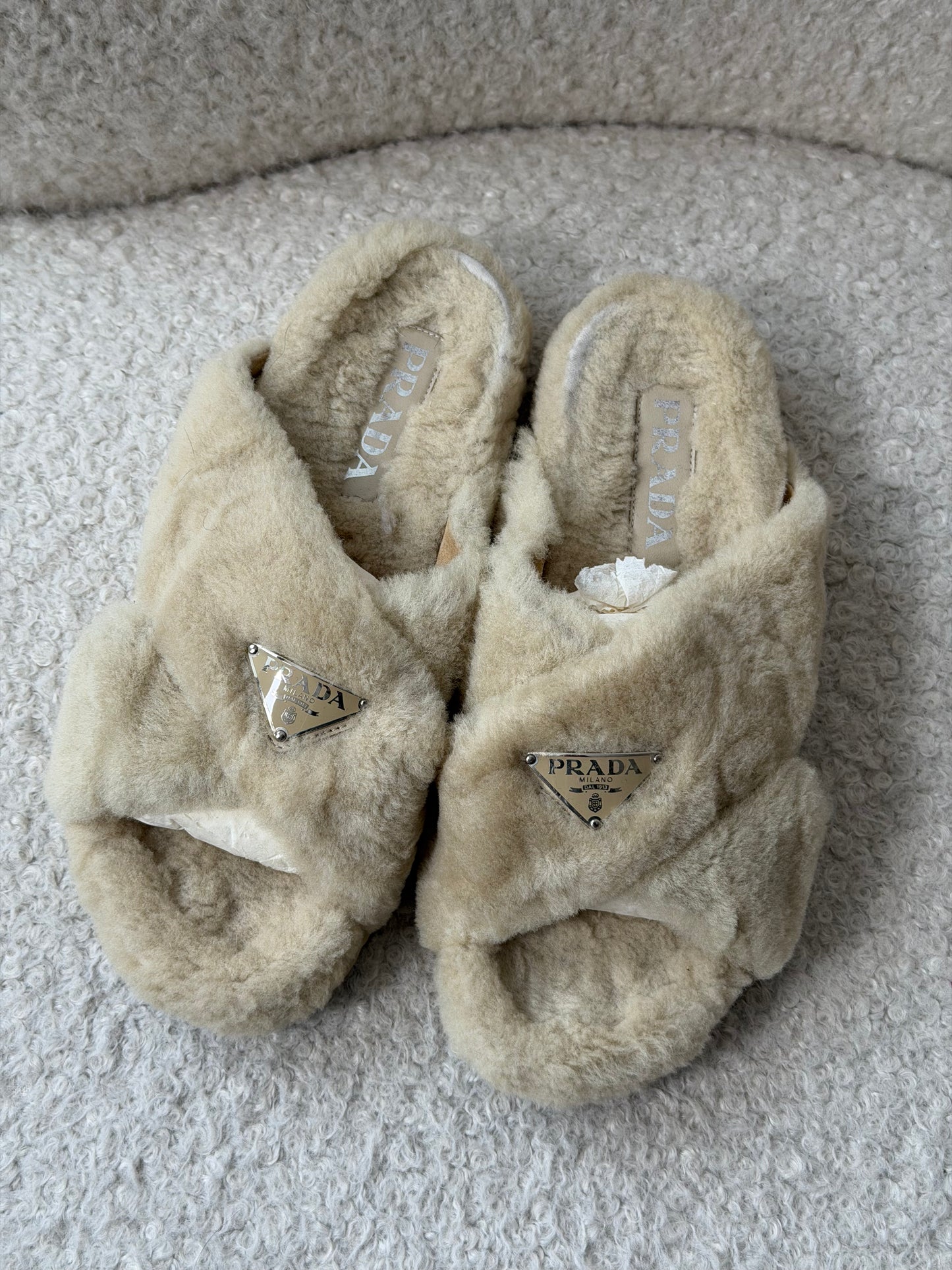 Beige Faux Fur Slides Size 38