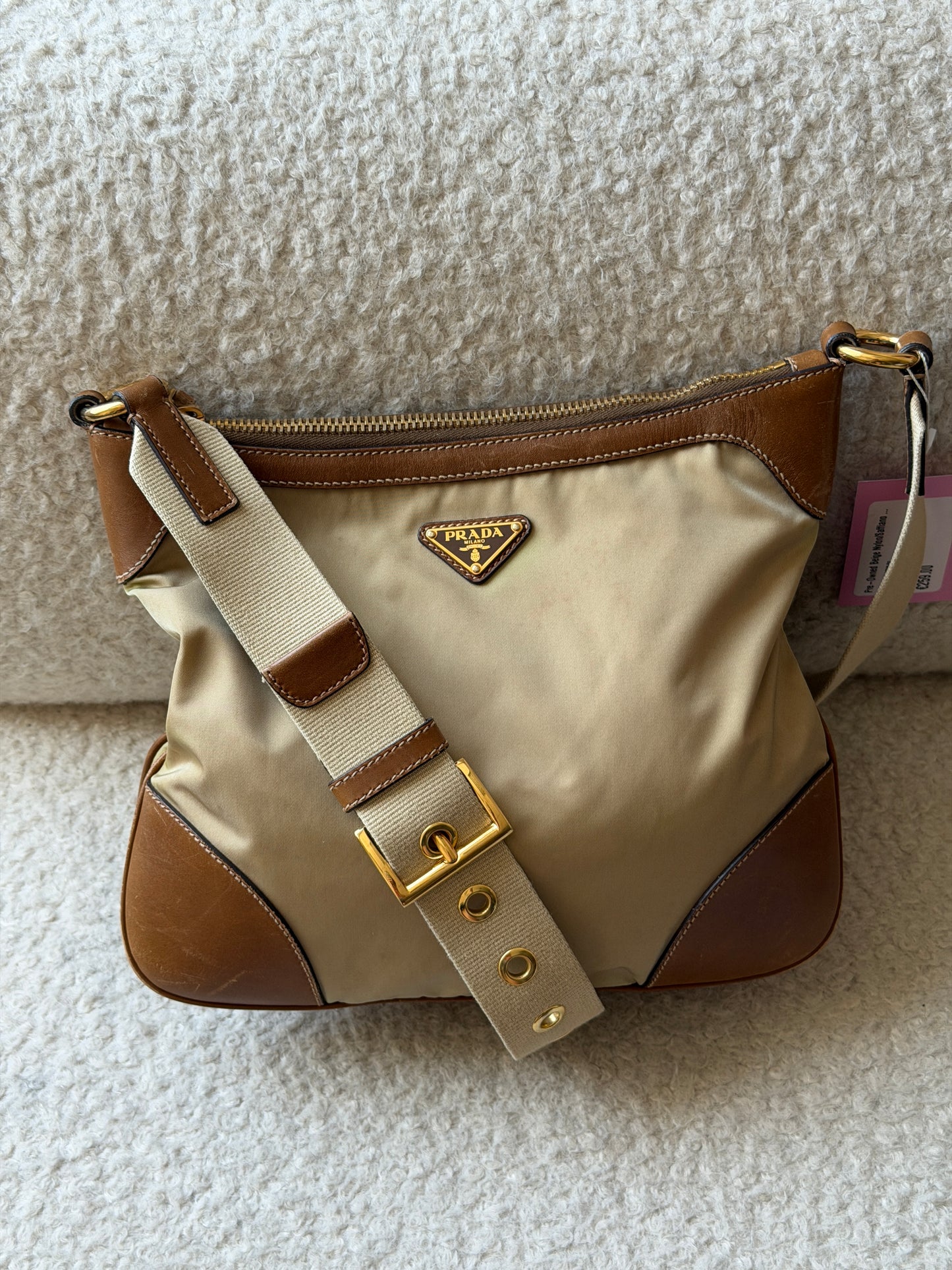 Pre-Owned Beige Nylon/Saffiano Leather Messenger Bag