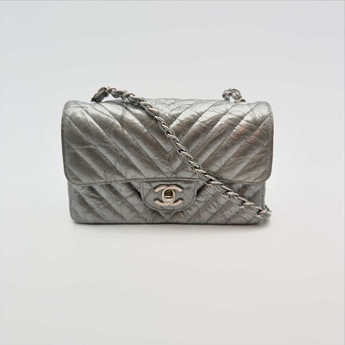 Pre-Owned Silver Metallic Patent Mini Rectangle Crossbody Bag