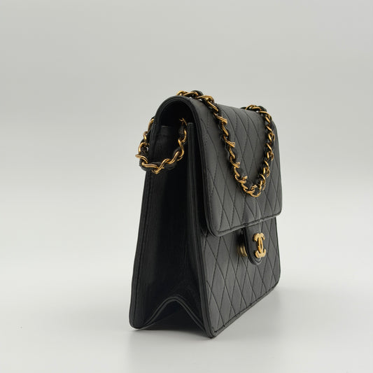 Pre-Owned Black Lambskin Square Single Flap Shoulder Bag